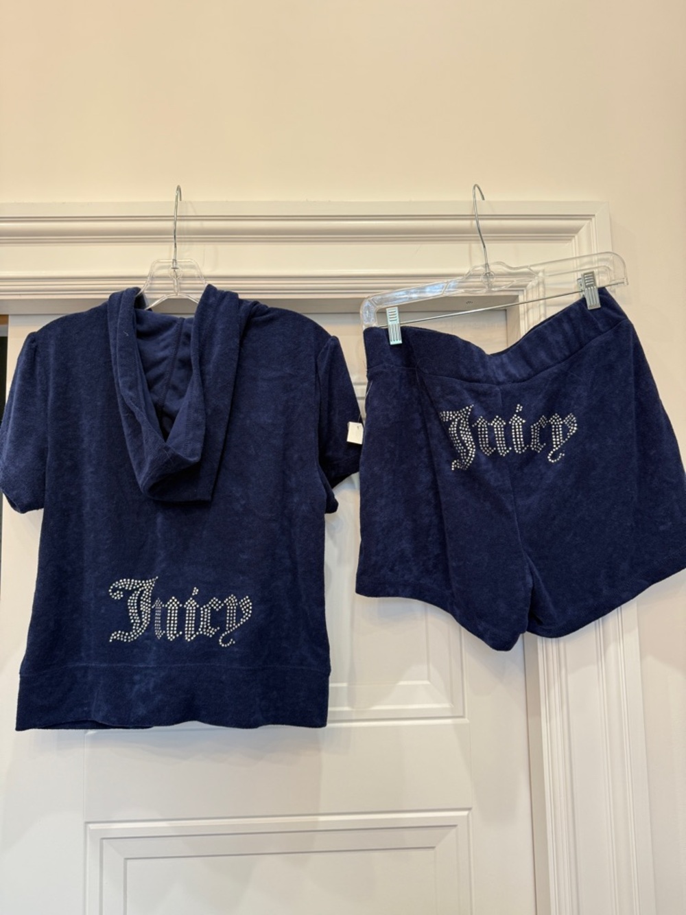 NWT JUICY COUTURE TERRY SET SHORTS ZIP UP NAVY BLUE CRYSTAL LOGO BLING Y2K